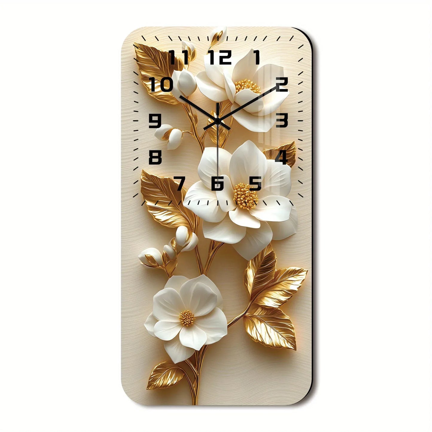 Wanduhr Holz mit Kristall - Weiße Magnolien & Goldene Blätter - Lautlos 19x38cm - FUXLShop