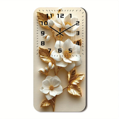 Wanduhr Holz mit Kristall - Weiße Magnolien & Goldene Blätter - Lautlos 19x38cm - FUXLShop