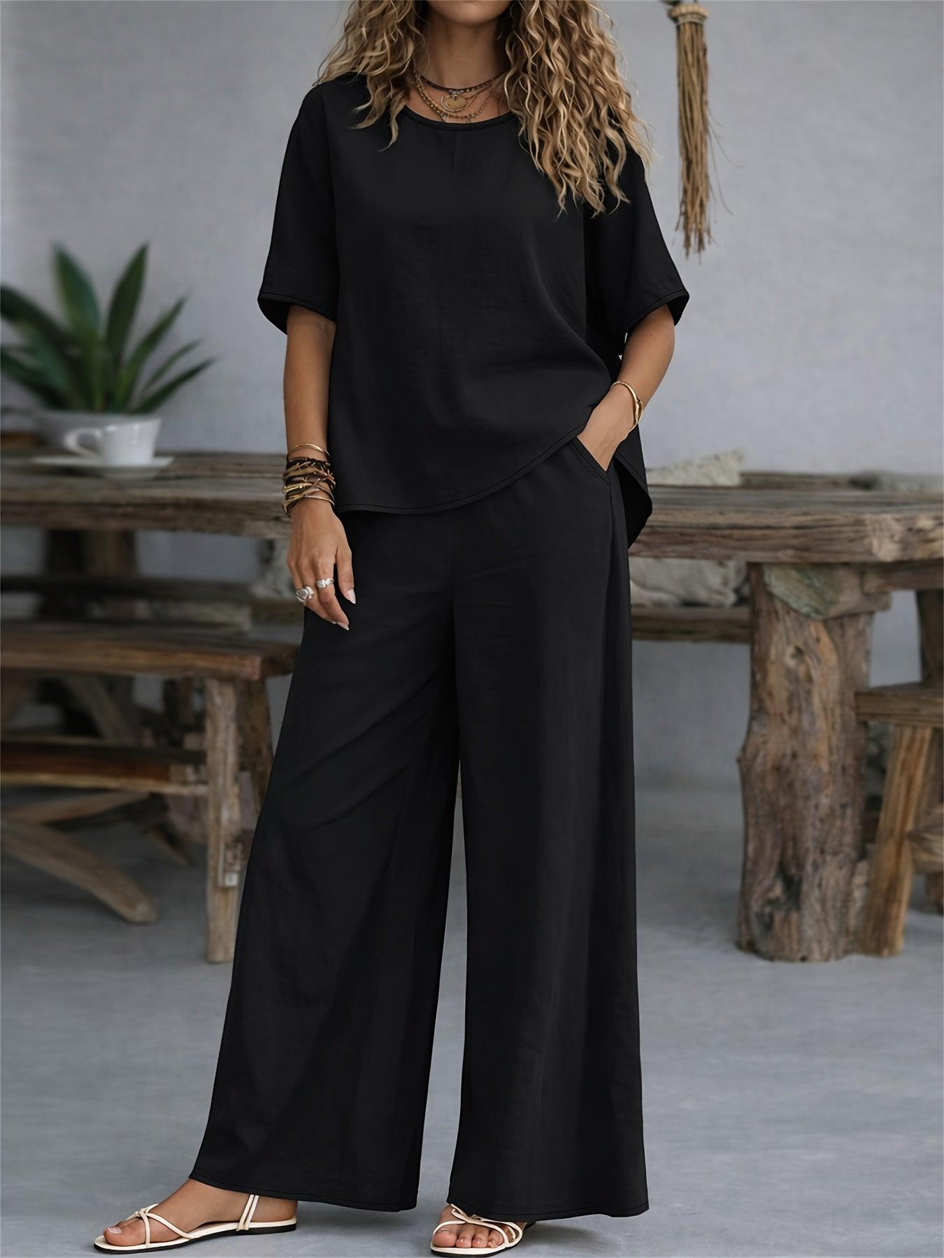 Damen Casual 2-teiliges Set – Kurzarm Shirt & Weite Hose, Einfarbig
