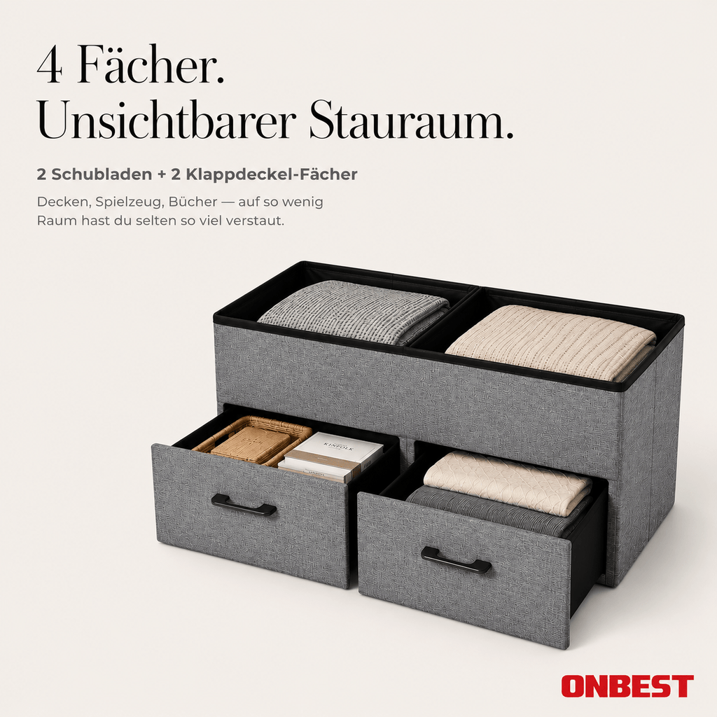 Sitzbank mit Stauraum Leinen Dunkelgrau – Klappdeckel & Schubladen