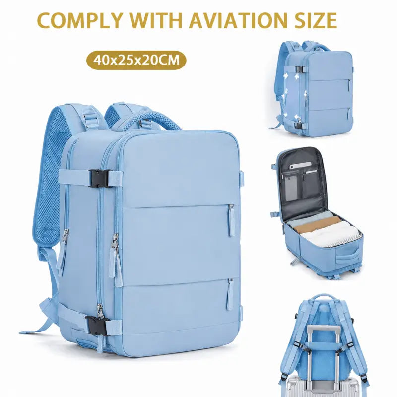 Leichter reiserucksack 40x20x25 cm aus strapazierfähigem hellblauem stoff mit mesh-trägern und handgepäck erweiterbar airline-konform