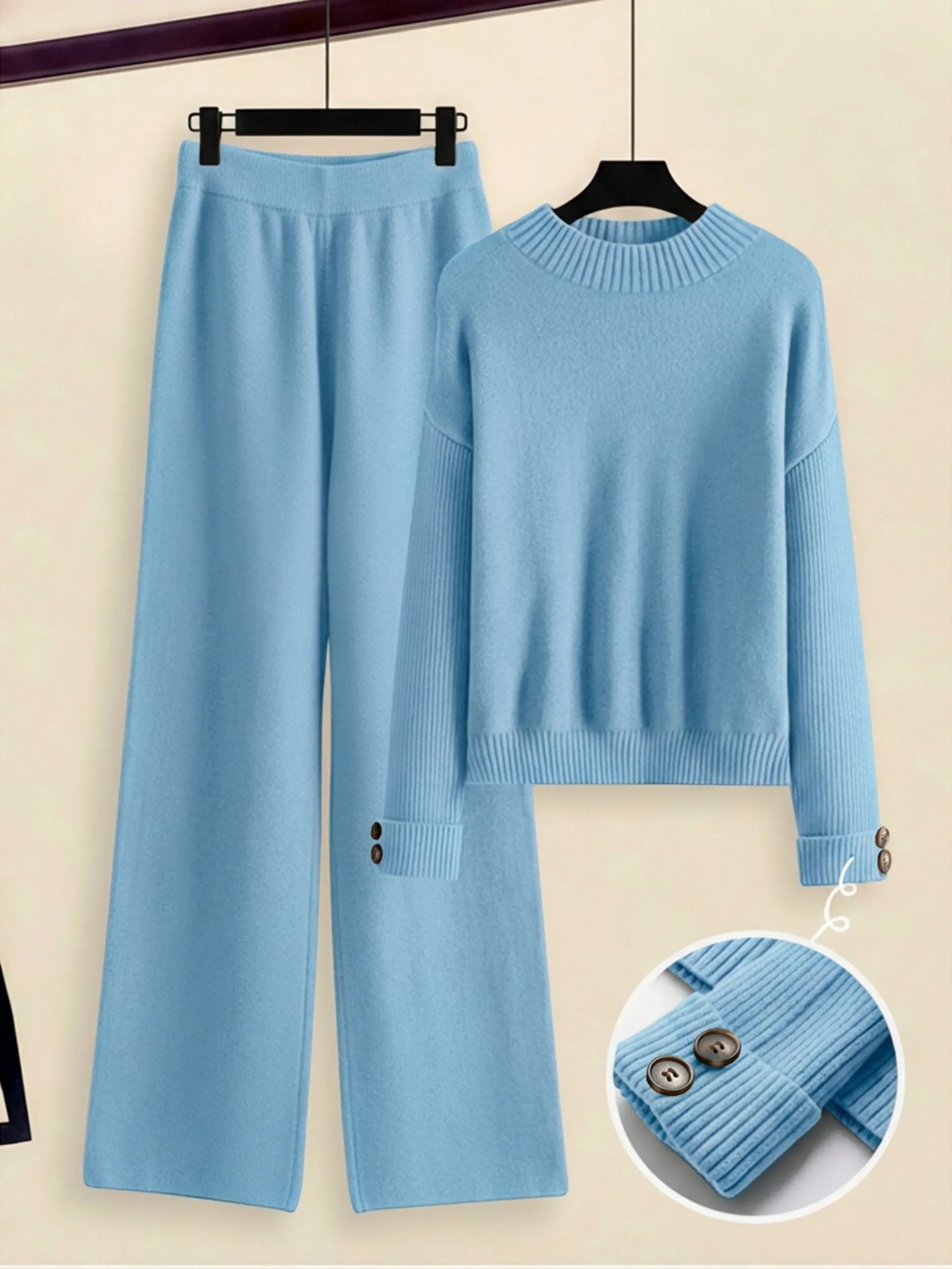 Damen Zweiteiler-Set mit Seitenstreifen – Rundhals Pullover & Gerade Hose, Weiche Freizeitkleidung für Herbst & Winter - FUXLShop