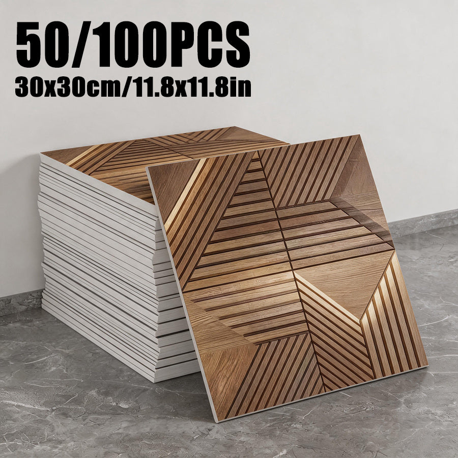 PVC-Wandfliesen mit geometrischem Dreiecksmuster in Holzoptik, Format 30 × 30 cm