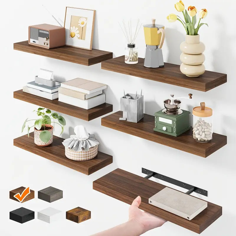 Dunkelbraunes wandregal 6er set schwebend mit unsichtbarer halterung in 4 farben und minimalistisches design
