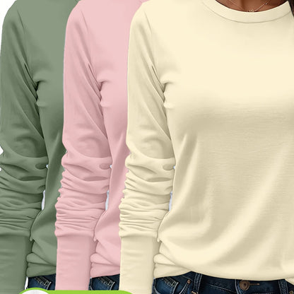 3er-Set Damen Langarmshirts aus 100 % schwerer Baumwolle – weich, langlebig, maschinenwaschbar – unifarben, bequem, für Alltag & jede Saison