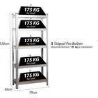 Schwerlastregal 150x70x30 cm mit 5 Fachböden, je 150 kg belastbar – Steckregal Silber Kellerregal