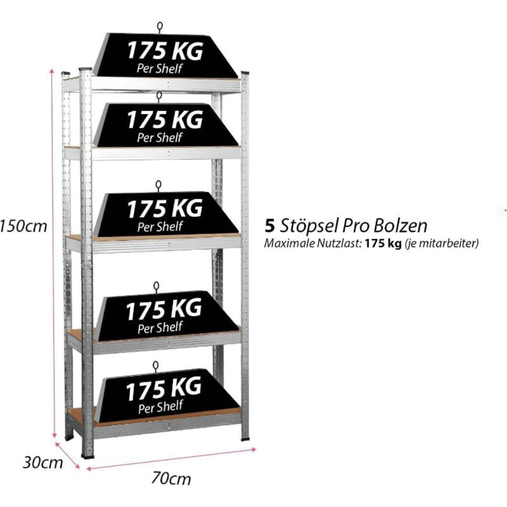 Schwerlastregal 150x70x30 cm mit 5 Fachböden, je 150 kg belastbar – Steckregal Silber Kellerregal
