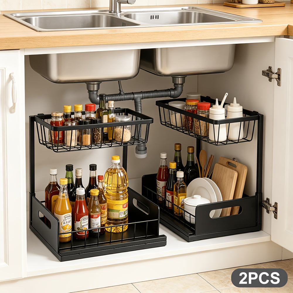 2er-Set Unterschrank Organizer Ausziehbar – 2 Ebenen, Metall, Schwarz