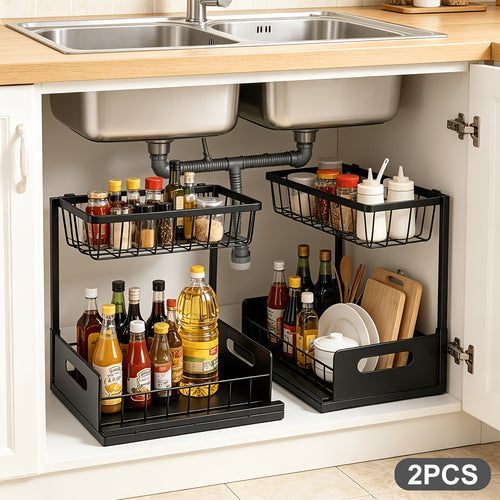 2er-Set Unterschrank Organizer Ausziehbar – 2 Ebenen, Metall, Schwarz