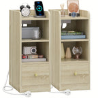 Nachttisch 2er-Set mit USB & Typ-C Ladestation, 3 Ablagen, Schublade – Eiche