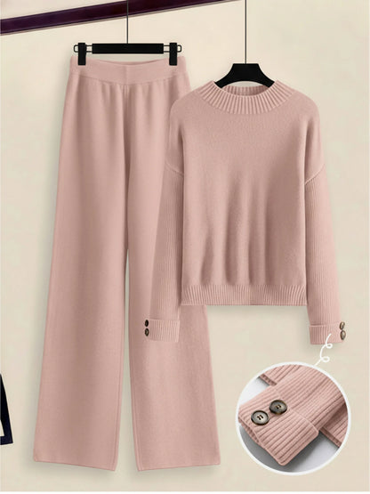 Damen Zweiteiler-Set mit Seitenstreifen – Rundhals Pullover & Gerade Hose, Weiche Freizeitkleidung für Herbst & Winter - FUXLShop