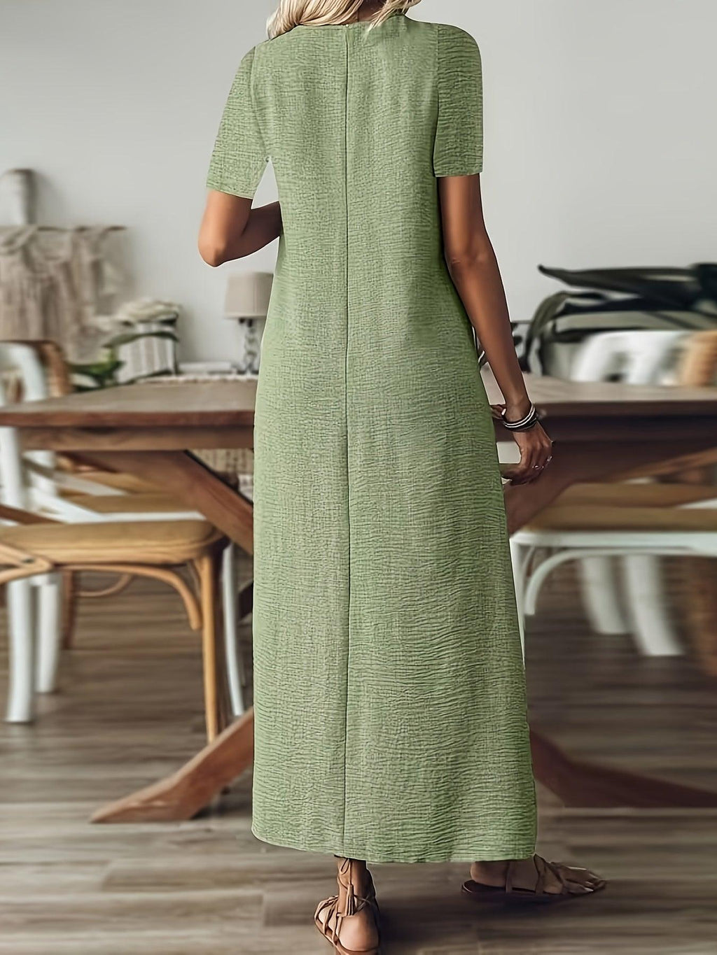 Elegantes Damen Maxikleid – V-Ausschnitt, Reißverschluss, Kurzarm, Bodenlang