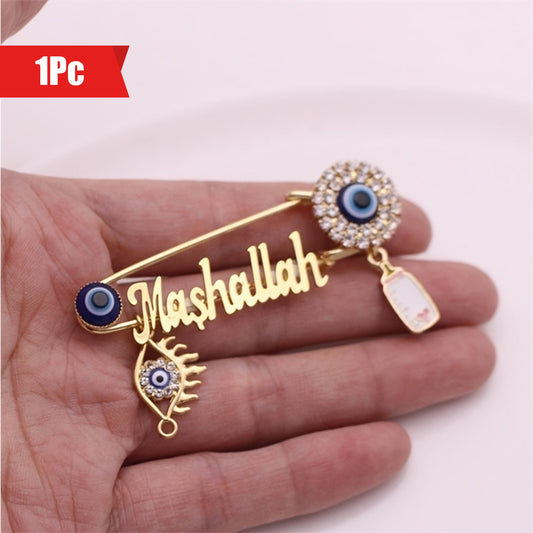 1x Islamische Brosche – Allah/Mashallah Kalligraphie, Hamsa/Hizkia Auge, goldfarbener Schmuck mit blauen & klaren Perlen – Unisex Pin für Hochzeit, Geburtstag, Eid