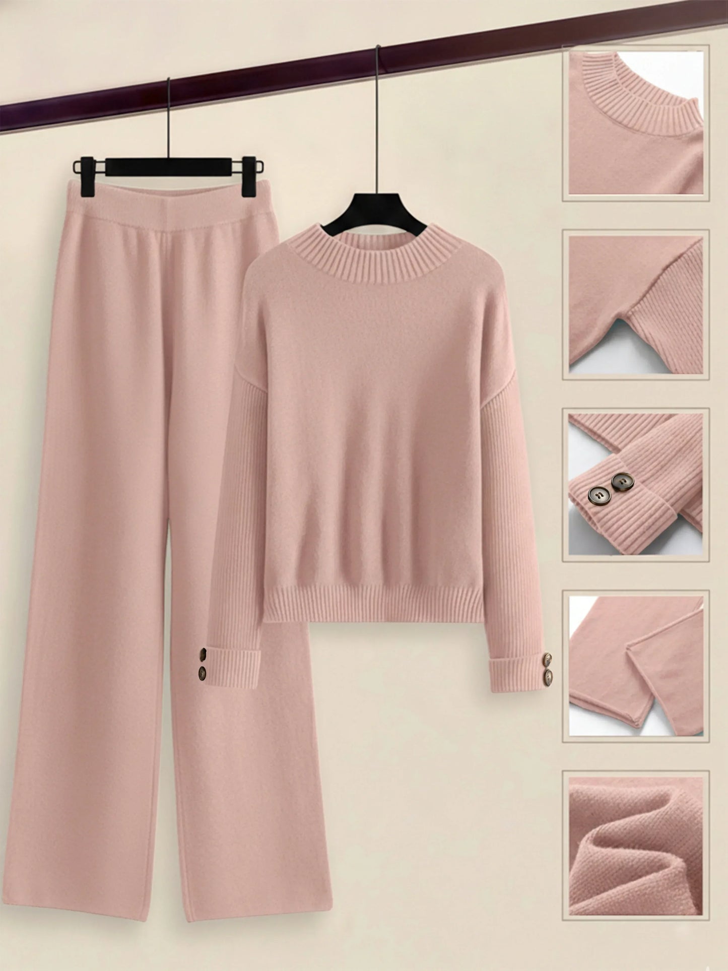Damen Zweiteiler-Set mit Seitenstreifen – Rundhals Pullover & Gerade Hose, Weiche Freizeitkleidung für Herbst & Winter - FUXLShop