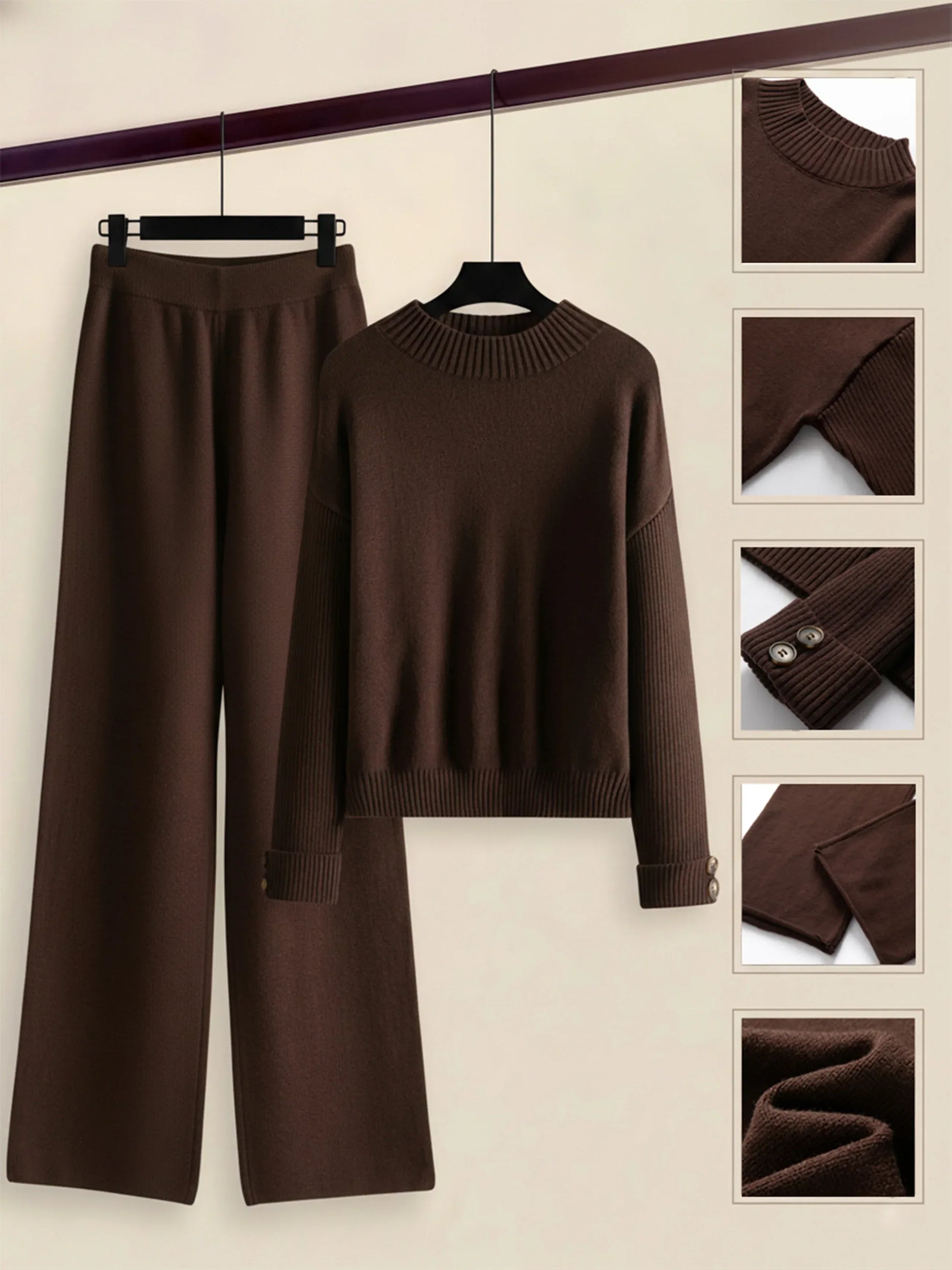 Damen Zweiteiler-Set mit Seitenstreifen – Rundhals Pullover & Gerade Hose, Weiche Freizeitkleidung für Herbst & Winter - FUXLShop