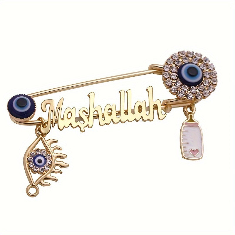 1x Islamische Brosche – Allah/Mashallah Kalligraphie, Hamsa/Hizkia Auge, goldfarbener Schmuck mit blauen & klaren Perlen – Unisex Pin für Hochzeit, Geburtstag, Eid