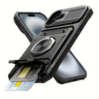 Schwarze stoßfeste handyhülle mit metallhalter und dual-kartenslot rückseite, heavy duty online bestellen für iphone 11-17 pro max air