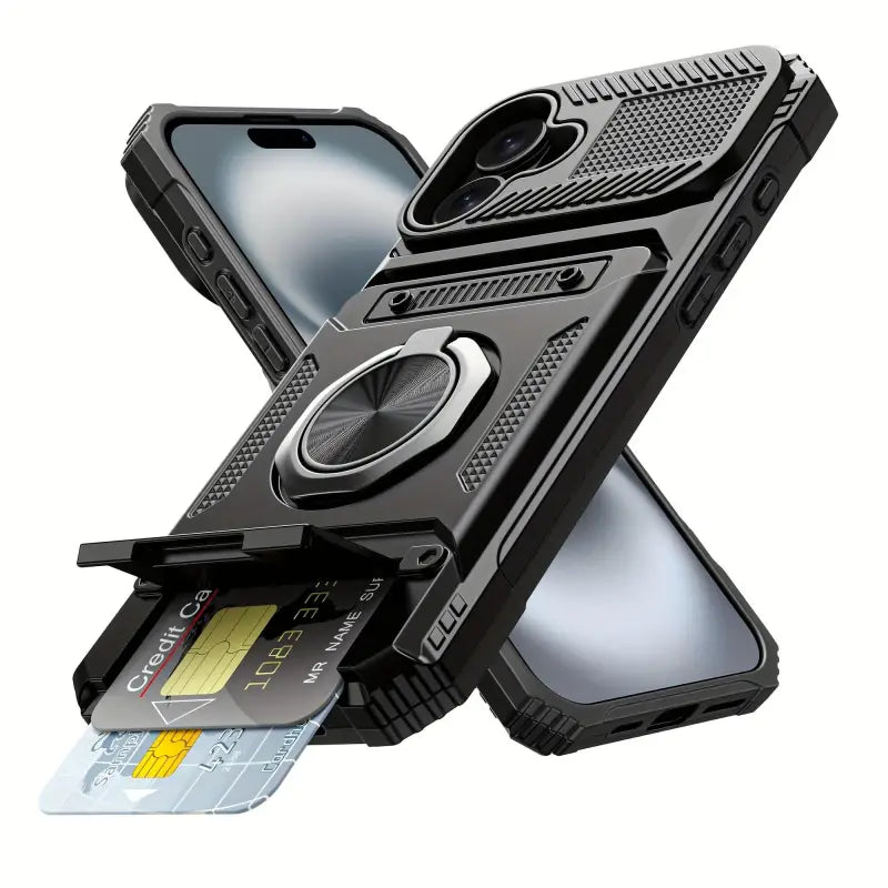 Schwarze stoßfeste handyhülle mit metallhalter und dual-kartenslot rückseite, heavy duty online bestellen für iphone 11-17 pro max air