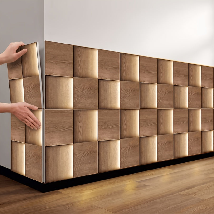 Anbringung selbstklebender Wandfliesen in schachbrettartiger Holzoptik an einer Wand