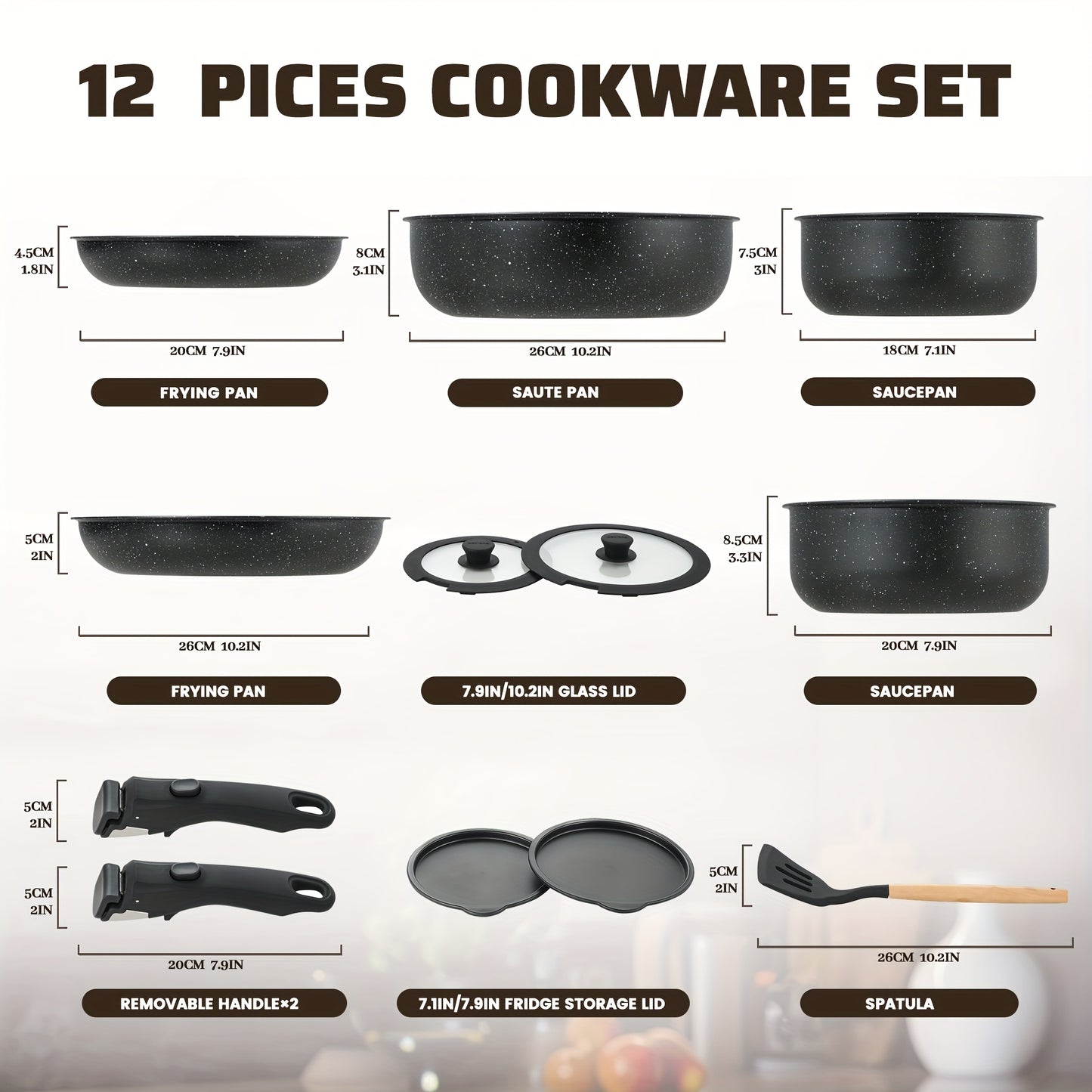 Kpxsiaion Keramik Antihaft-Kochgeschirr-Set mit abnehmbaren Griffen, induktionsgeeignet, stapelbar – Schwarz