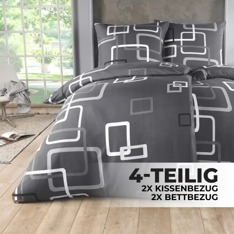 Grau weißes bettwäsche-set 135x200 4-teilig mit geometrischem muster allergikerfreundlich und hochwertig