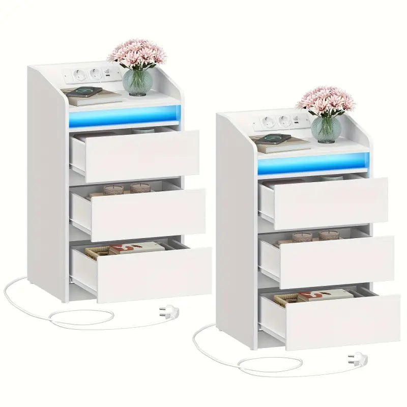 Weißes nachttisch 2er-set mit led-beleuchtung ladestation drei schubladen ideal zum online bestellen geschenkideen