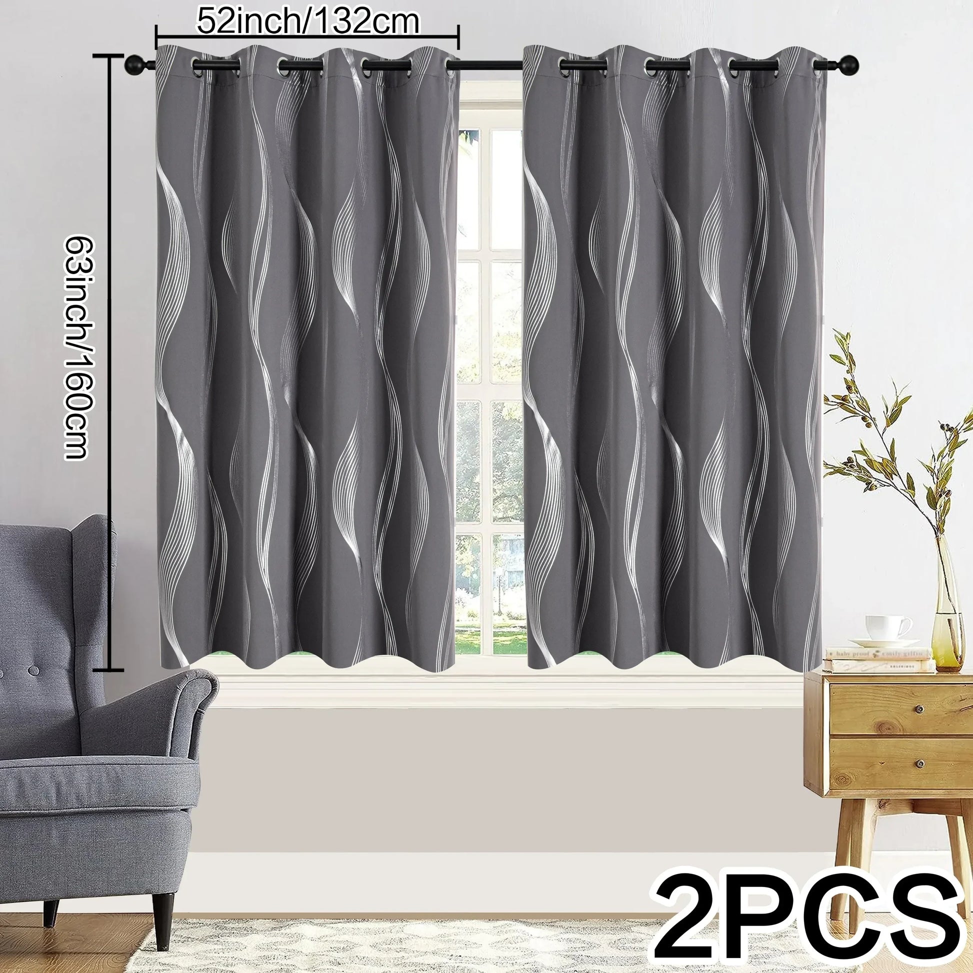 Verdunkelungsvorhänge mit Ösen - Geometrische Wellen-Muster Silber - 213cm Lang, Blickdicht & Wärmeisolierend (2er Set) - FUXLShop