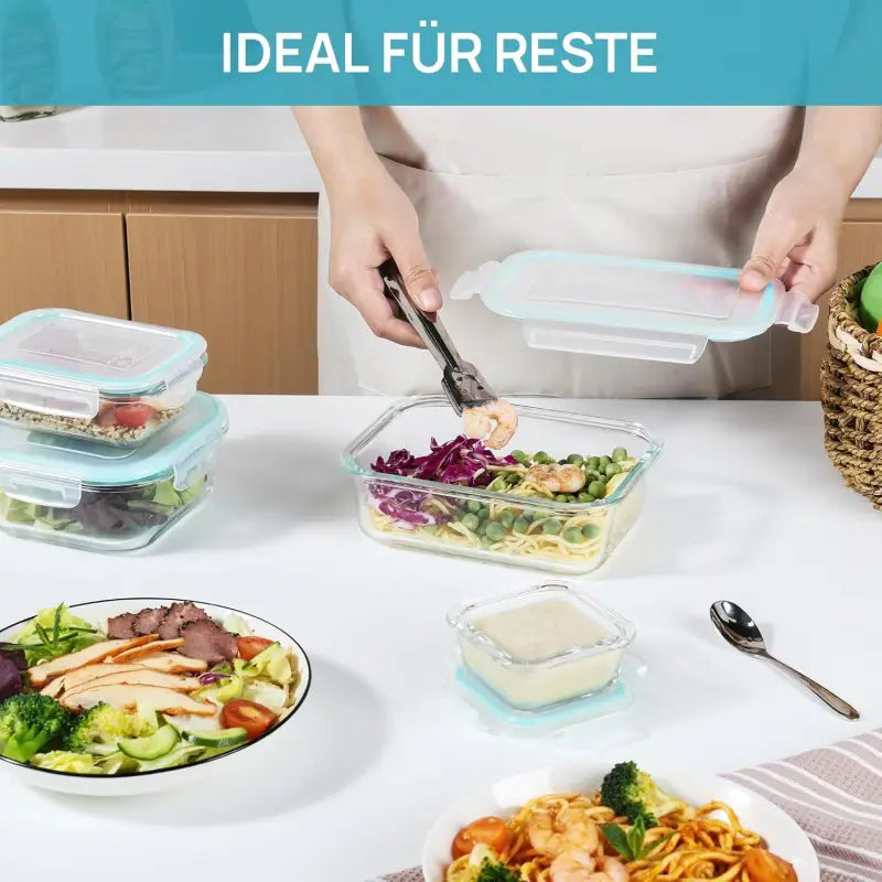 Klarer rechteckiger glasbehälter mit hellblauem silikonverschluss aus borosilikatglas jetzt online bestellen