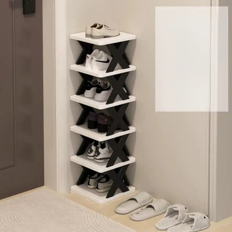 Schuhregal freistehend x-förmig faltbar schwarz weiß mit fünf etagen schmal kunststoff für flur und garderobe