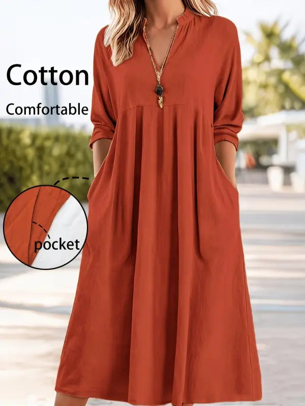 Soft rostfarbenes cotton damen casual retro midikleid mit v-ausschnitt, dreiviertelärmeln und seitentaschen