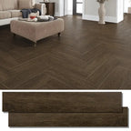 Dunkelbraune selbstklebende vinyl-bodenplatten mit wood-Optik und herringbone Muster zum online bestellen als geschenkideen