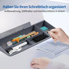 Grauer kunststoff schreibtisch organizer mit fächern für stifte, lineal, sticky notes und usb stick im memoboard weiß