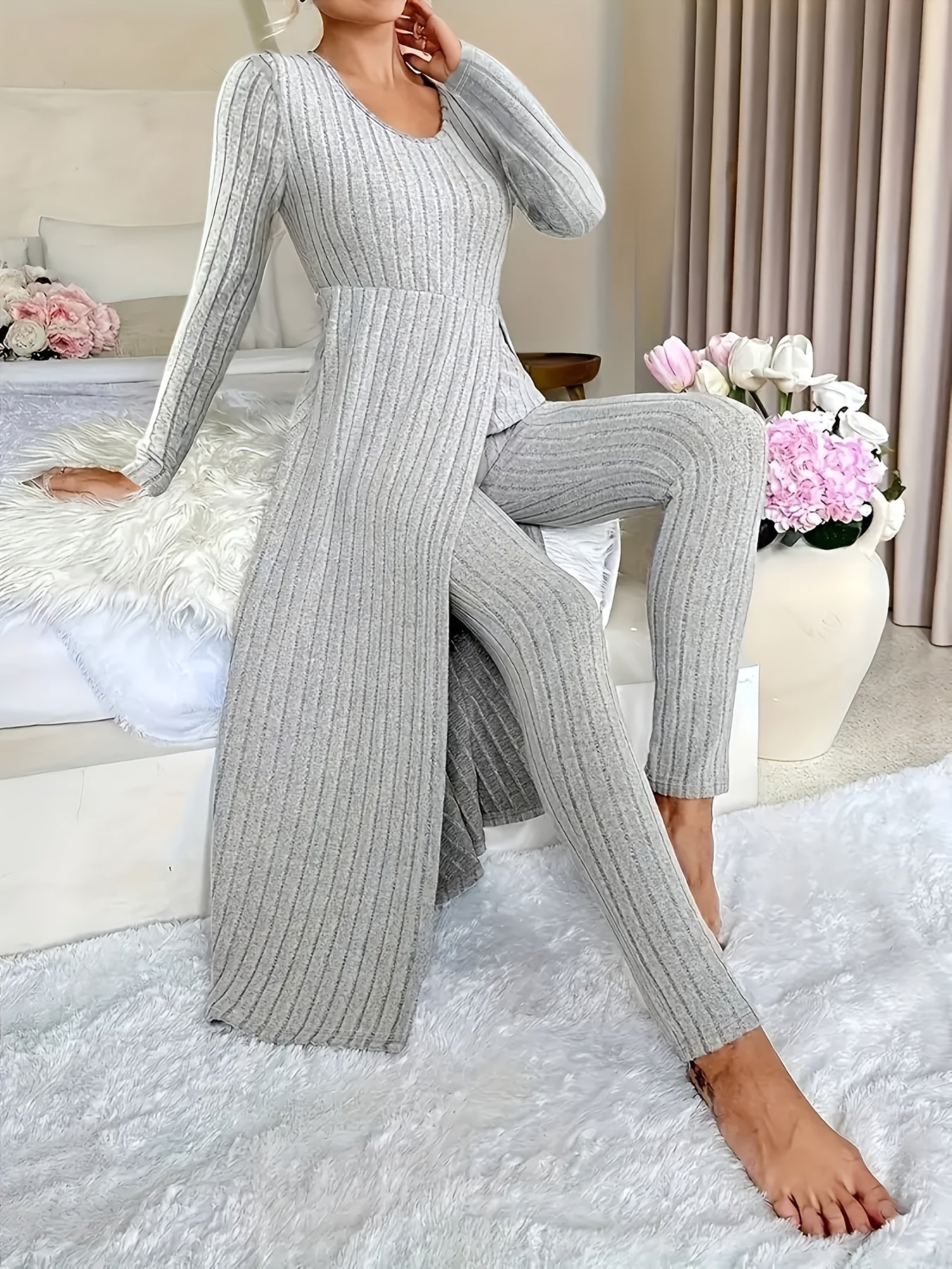 1 Clothes 1 Pants Casual Loose Long Sleeve Dress & Pants Set – Soft Fleece, 3D Stripe Design, hoher Schlitz, Crew Neck, bequem für Alltag & Zuhause