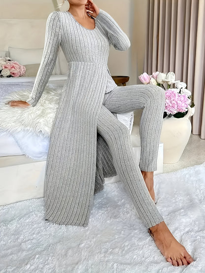 1 Clothes 1 Pants Casual Loose Long Sleeve Dress & Pants Set – Soft Fleece, 3D Stripe Design, hoher Schlitz, Crew Neck, bequem für Alltag & Zuhause
