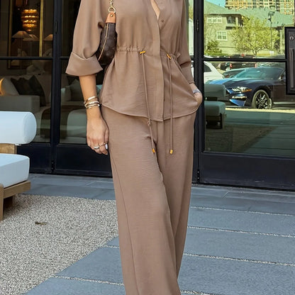 Ensemble deux pièces élégant pour femme - Chemisier et pantalon large, style français vintage