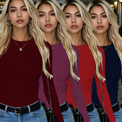 4er-Pack Damen Langarmshirts Rundhals – Stretch Basic-Tops Uni-Farben