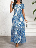 Damen elegantes bedrucktes maxikleid in blau weiß mit paisley muster und kurzarmen für sommerliche anlässe