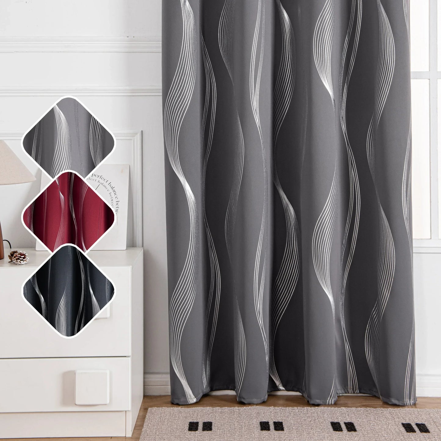 Verdunkelungsvorhänge mit Ösen - Geometrische Wellen-Muster Silber - 213cm Lang, Blickdicht & Wärmeisolierend (2er Set) - FUXLShop