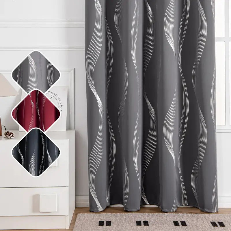 Verdunkelungsvorhänge 2er set mit geometrische wellen-muster silber, 213cm lang, blickdicht und wärmeisolierend