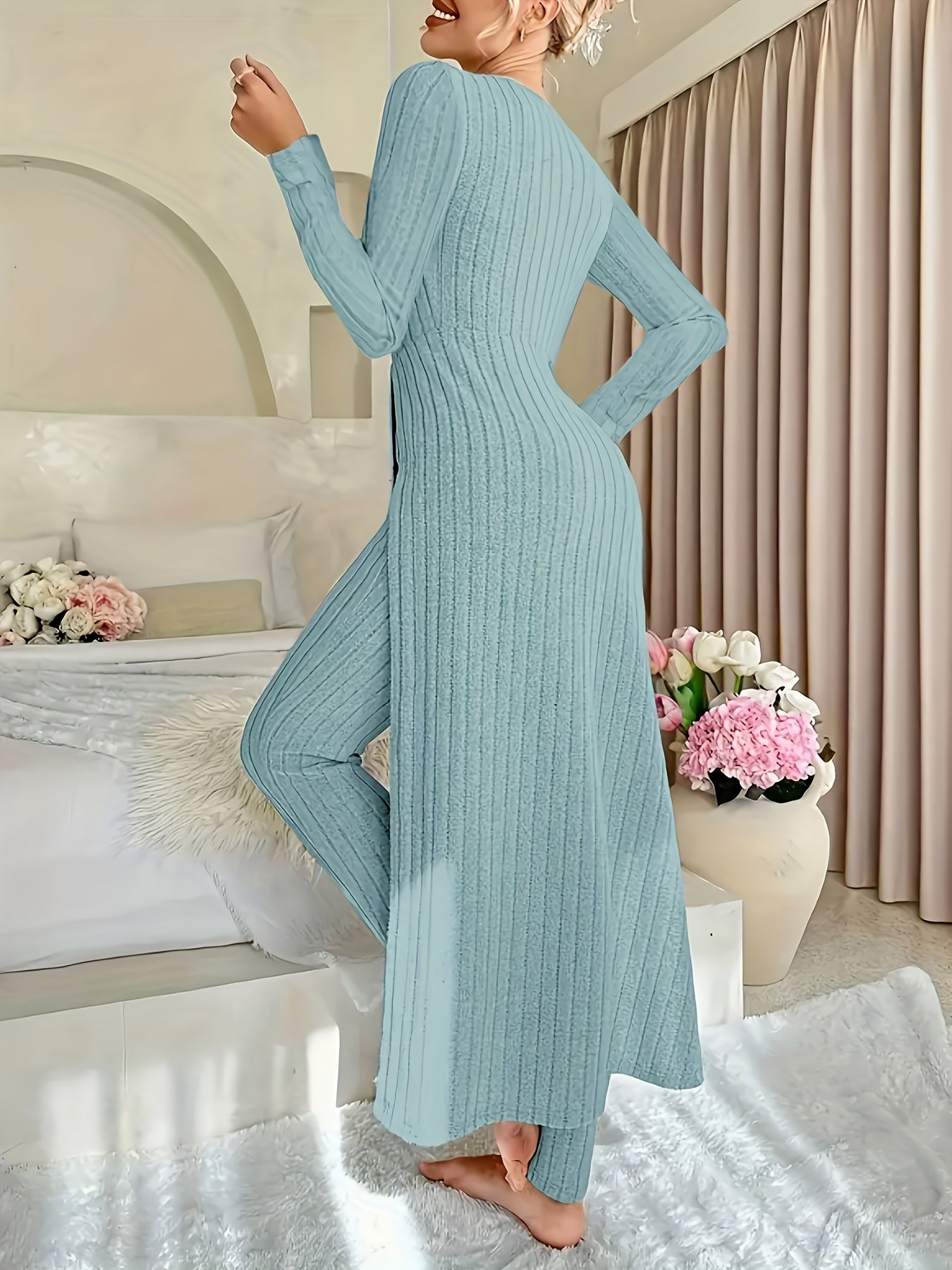 1 Clothes 1 Pants Casual Loose Long Sleeve Dress & Pants Set – Soft Fleece, 3D Stripe Design, hoher Schlitz, Crew Neck, bequem für Alltag & Zuhause