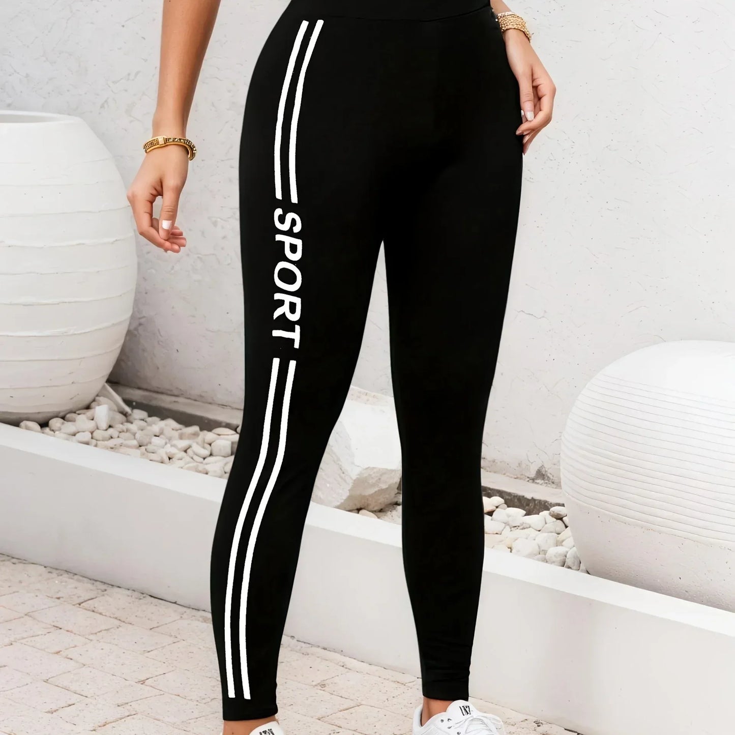 Damen Leggings Schwarz Cropped – Hoch-Elastisch, Letter Print – Sport & Freizeit S-XXL - FUXLShop
