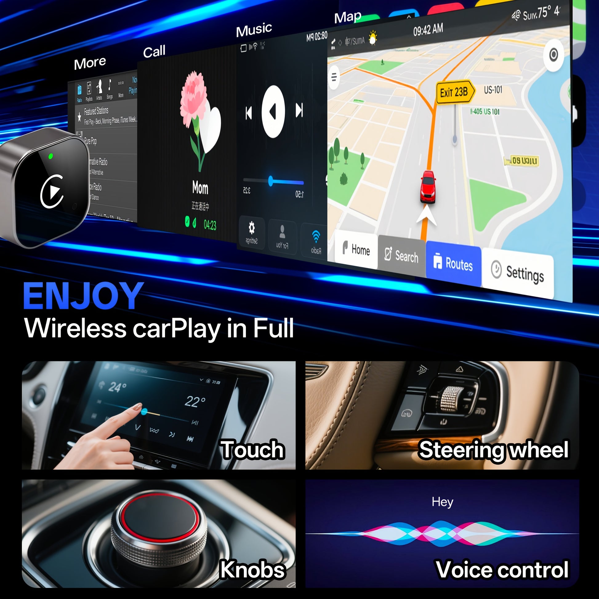 Kabelloser CarPlay & Android Auto Adapter mit USB/USB-C  
Kompakter Plug & Play Auto-Adapter ohne Akku  
2-in-1 Wireless Adapter für iPhone und Android im Fahrzeug  
Auto-Interface mit 0,5 s Latenz und WiFi-Unterstützung
