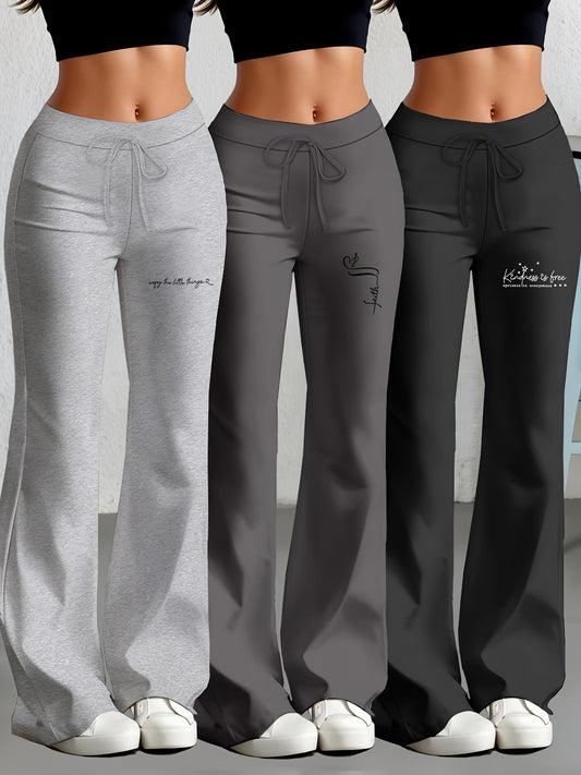 3er-Set Damenhosen mit geradem Schnitt & ausgestelltem Bein, englischem Textdruck, elastischem Stoff – stylisch & bequem für Alltag & Freizeit