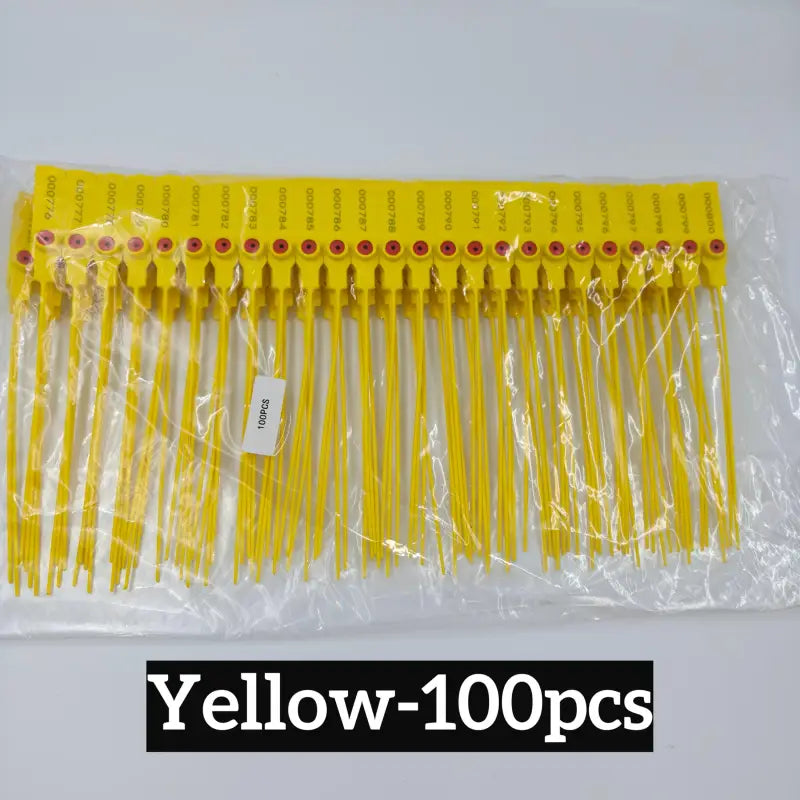 Gelbe sicherheitsplomben selbstsichernd 20 cm mit roten tabs und nummerierten aufdrucken zum online bestellen