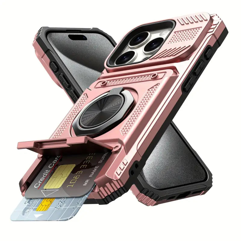 Stoßfeste handyhülle in roségold schwarz mit dual-kartenslot und metallhalter für iphone 11–17 pro max rückseite, heavy duty online bestellen