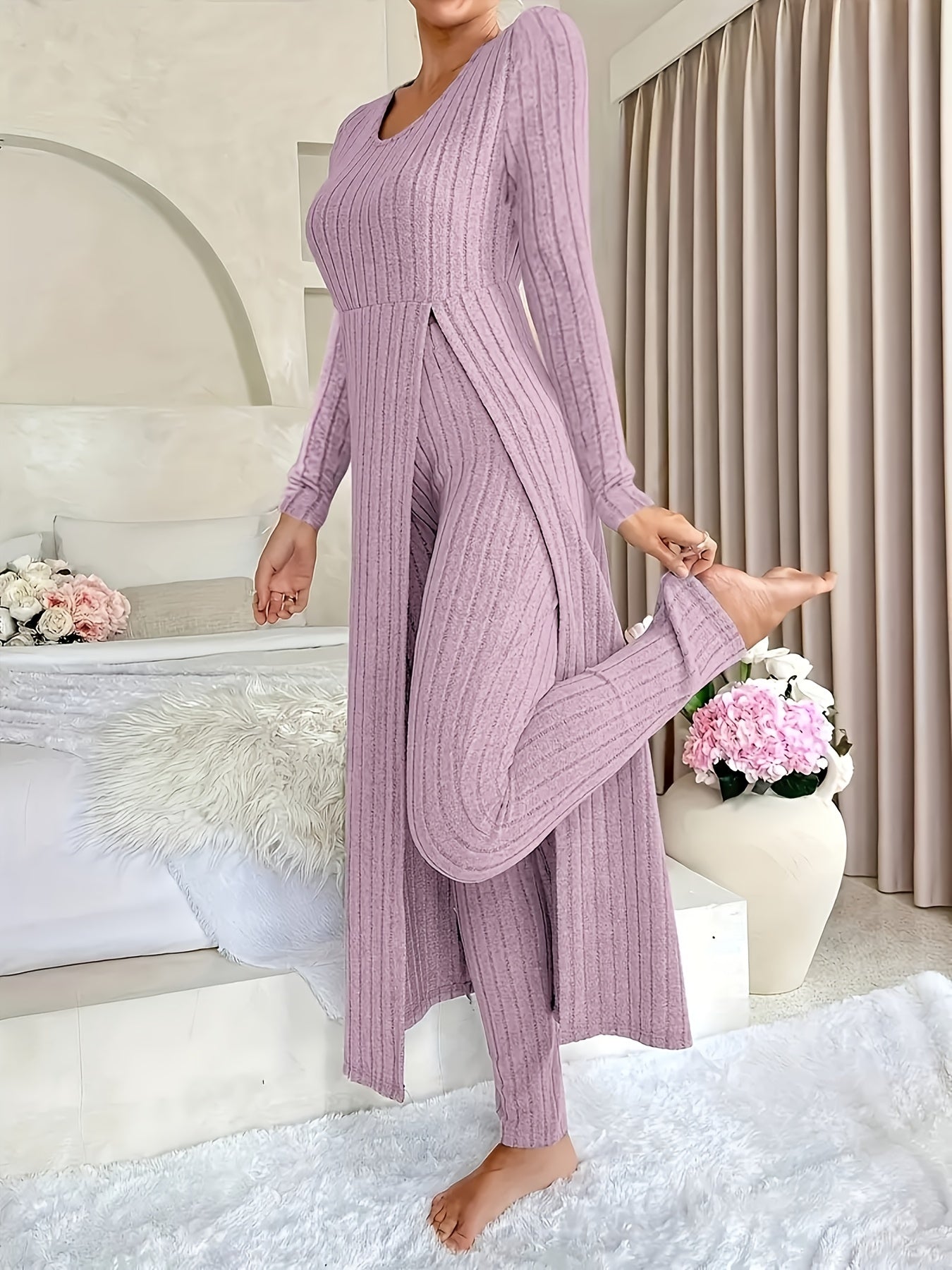 1 Clothes 1 Pants Casual Loose Long Sleeve Dress & Pants Set – Soft Fleece, 3D Stripe Design, hoher Schlitz, Crew Neck, bequem für Alltag & Zuhause