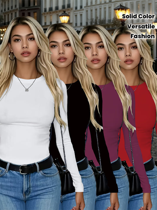 4er-Pack Damen Langarmshirts Rundhals – Stretch Basic-Tops Uni-Farben