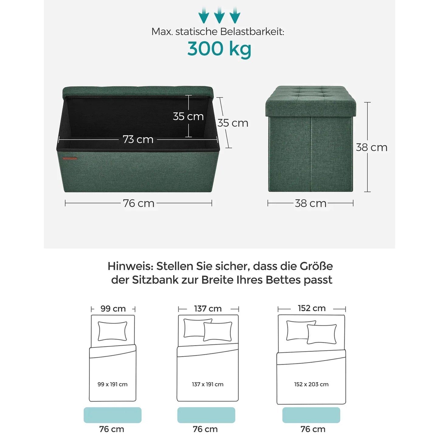 Sitzbank mit Stauraum – Faltbarer Hocker Ottoman 76x38x38cm, bis 300kg belastbar - FUXLShop