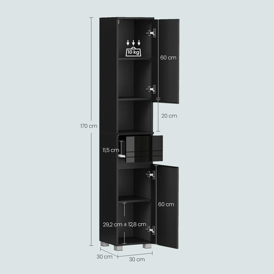 Badezimmerschrank 30x30x170 cm – Modernes Badmöbel mit Schublade, verstellbaren Regalen & offenem Fach - FUXLShop