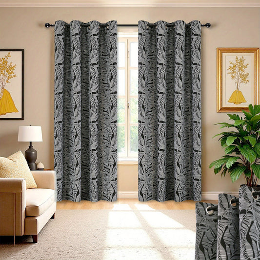 Bambus-Jacquard Vorhänge Halbtransparent - Wald-Motiv mit Ösen, Lichtfilternd für Wohnzimmer & Schlafzimmer (2er Set)